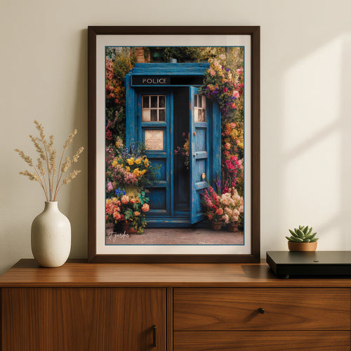 Blue Police Box Floral Poster, Tardis Art Print, Sci-Fi Wall Decor, Cottagecore Gift