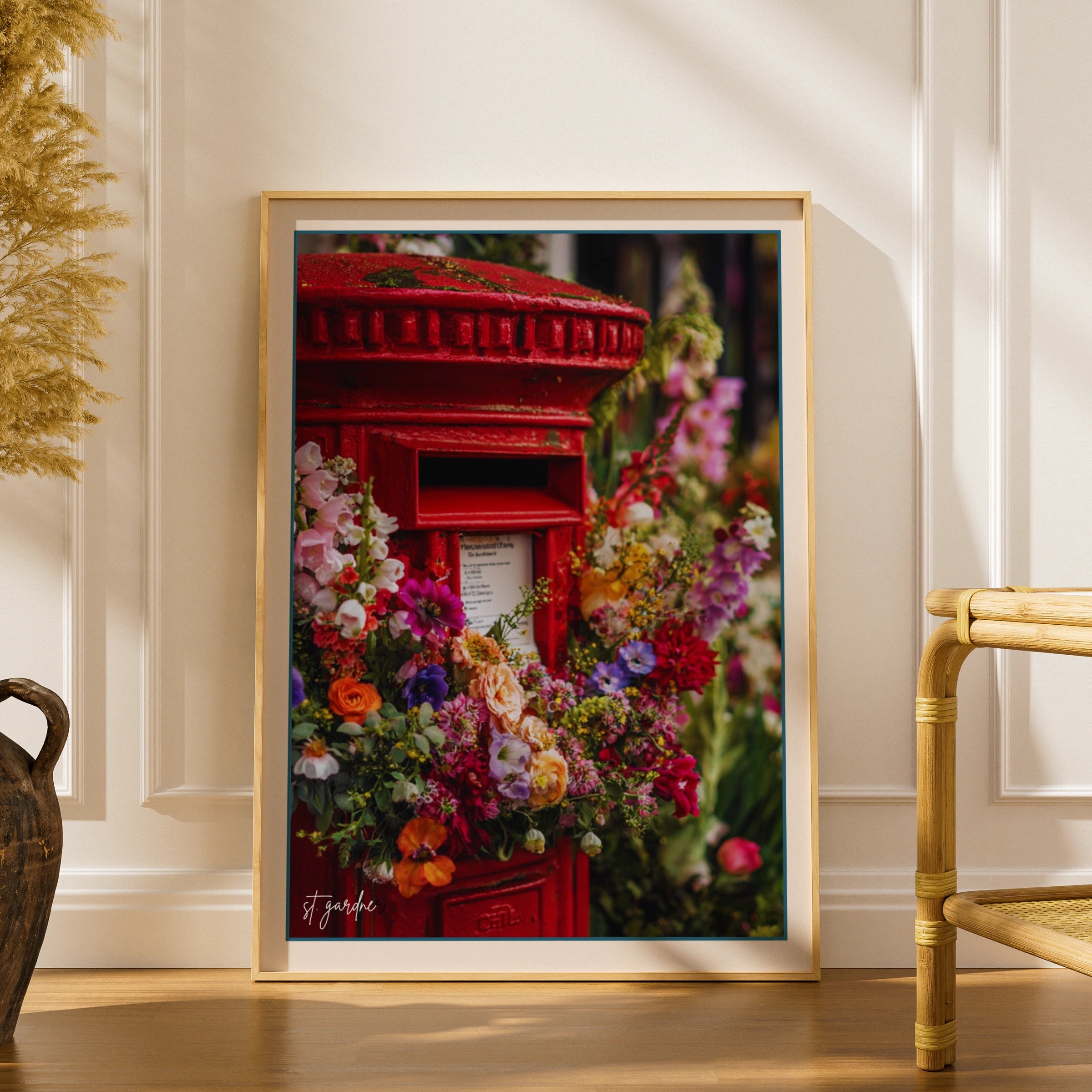Red British Post Box Floral Poster, London Street Wall Art, Colourful Flower Print UK