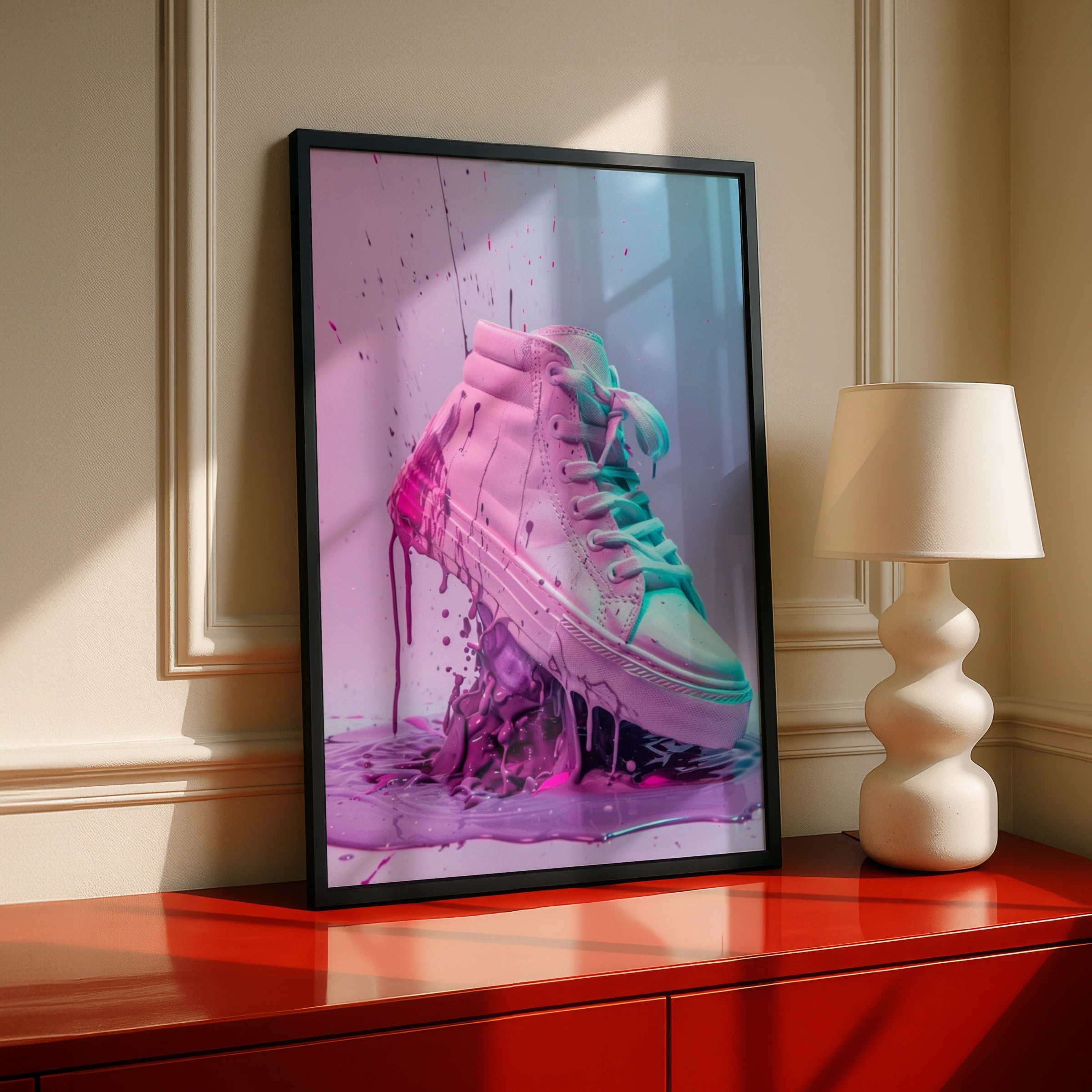 Pastel Sneaker Art Print, Pink Trainers Paint Splash Poster, Streetwear Wall Decor