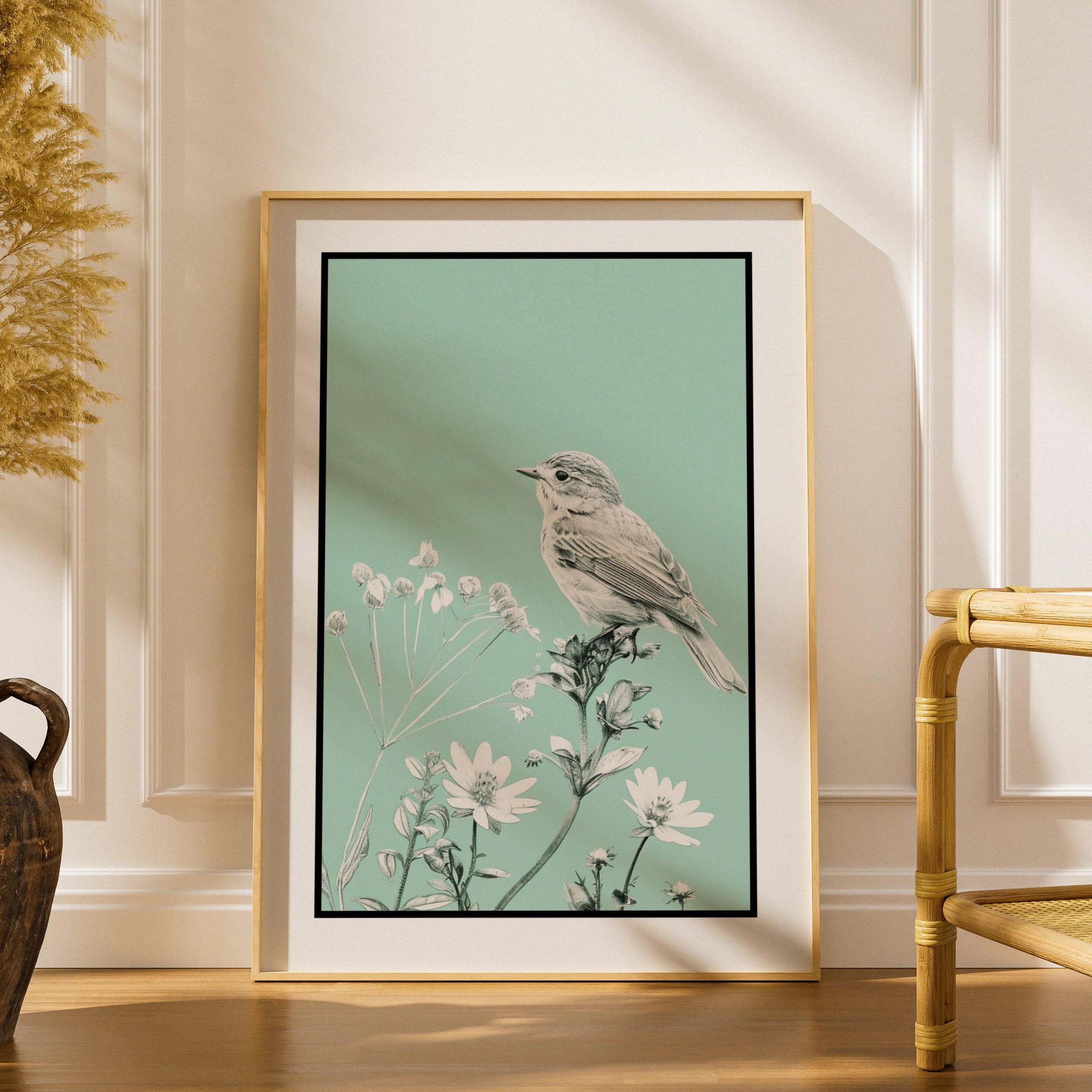 Botanical Wall Art | Teal Bird Poster, Wildflower Wall Art, Mint Green Nature Print, Floral
