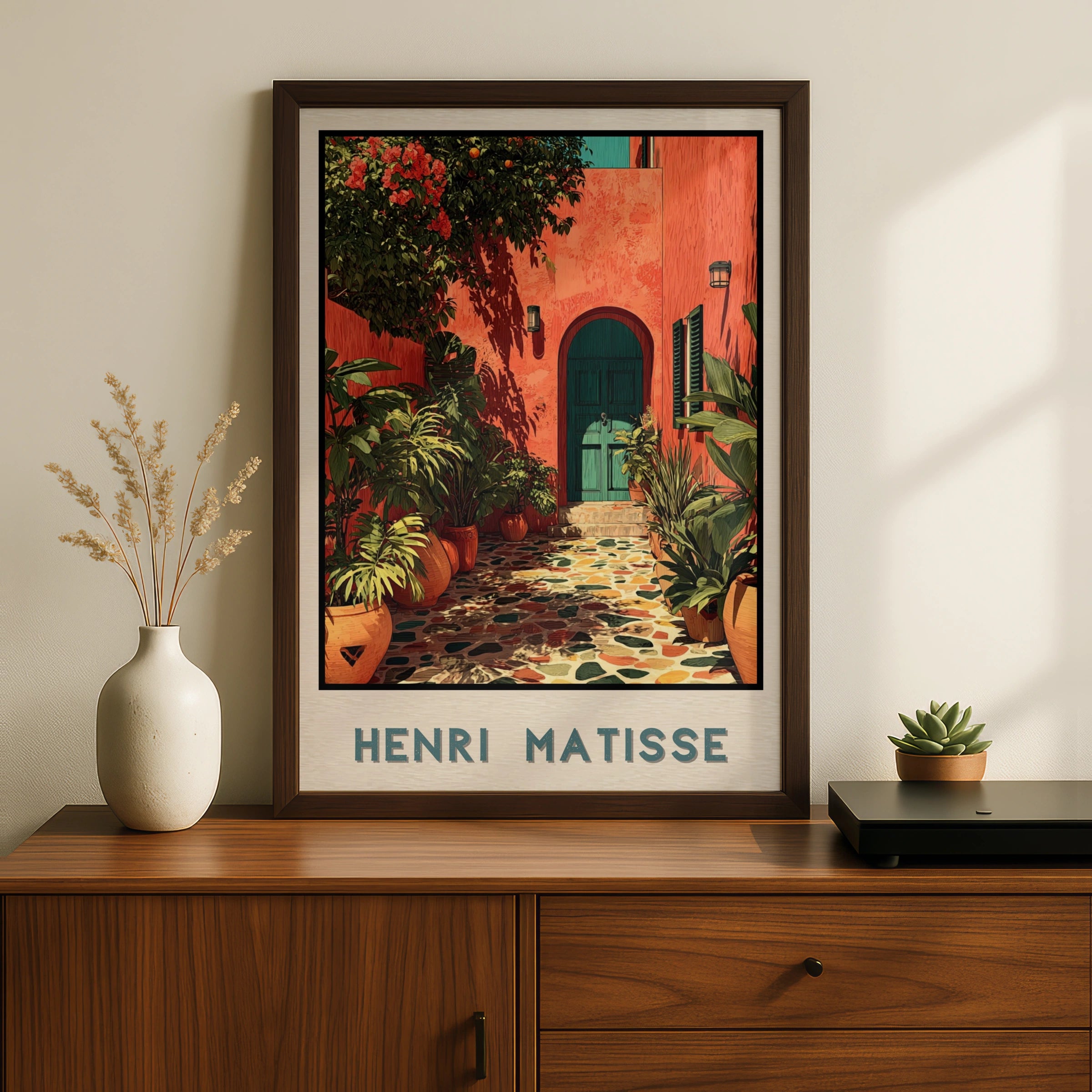 Henri Matisse Style Patio Poster, Floral Courtyard Wall Art, Boho Terracotta Print