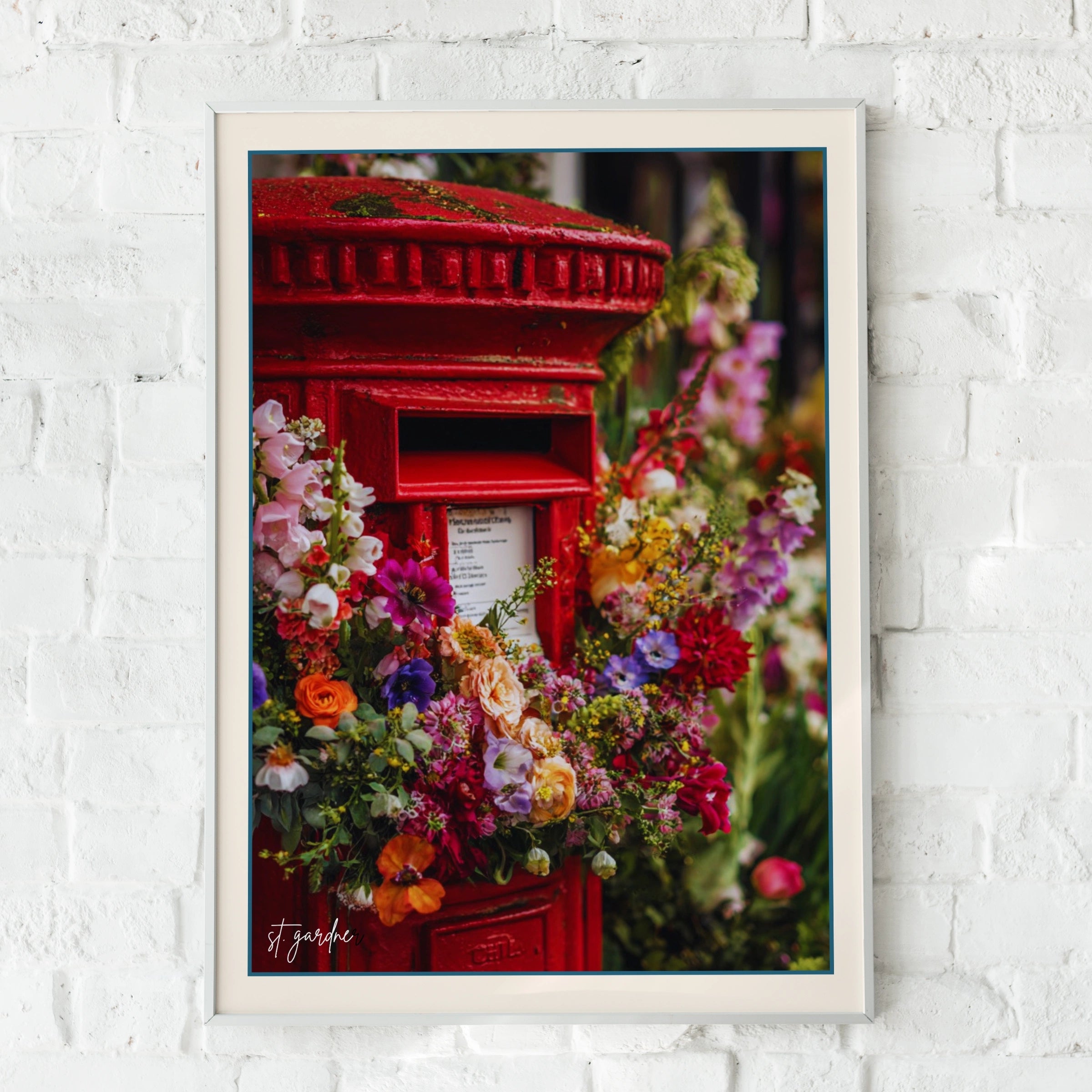 Red British Post Box Floral Poster, London Street Wall Art, Colourful Flower Print UK