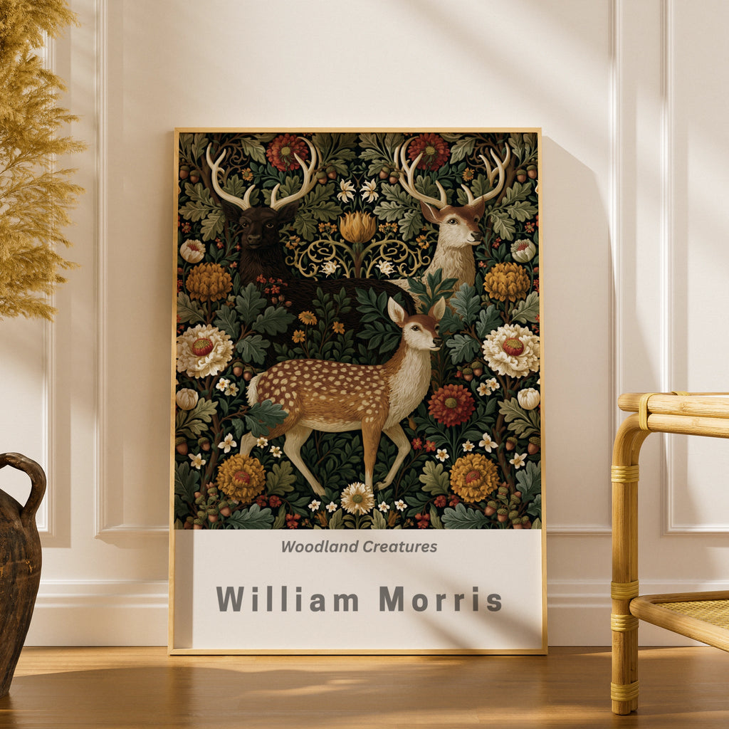 William Morris Deer Poster, Woodland Creatures Wall Art, Floral Stag Print, Dark Botanical