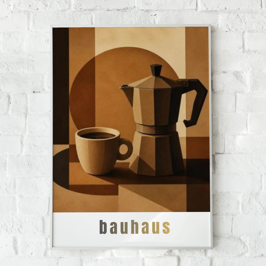 Bauhaus Coffee Poster, Moka Pot Wall Art, Minimalist Kitchen Print, Brown Neutral Decor