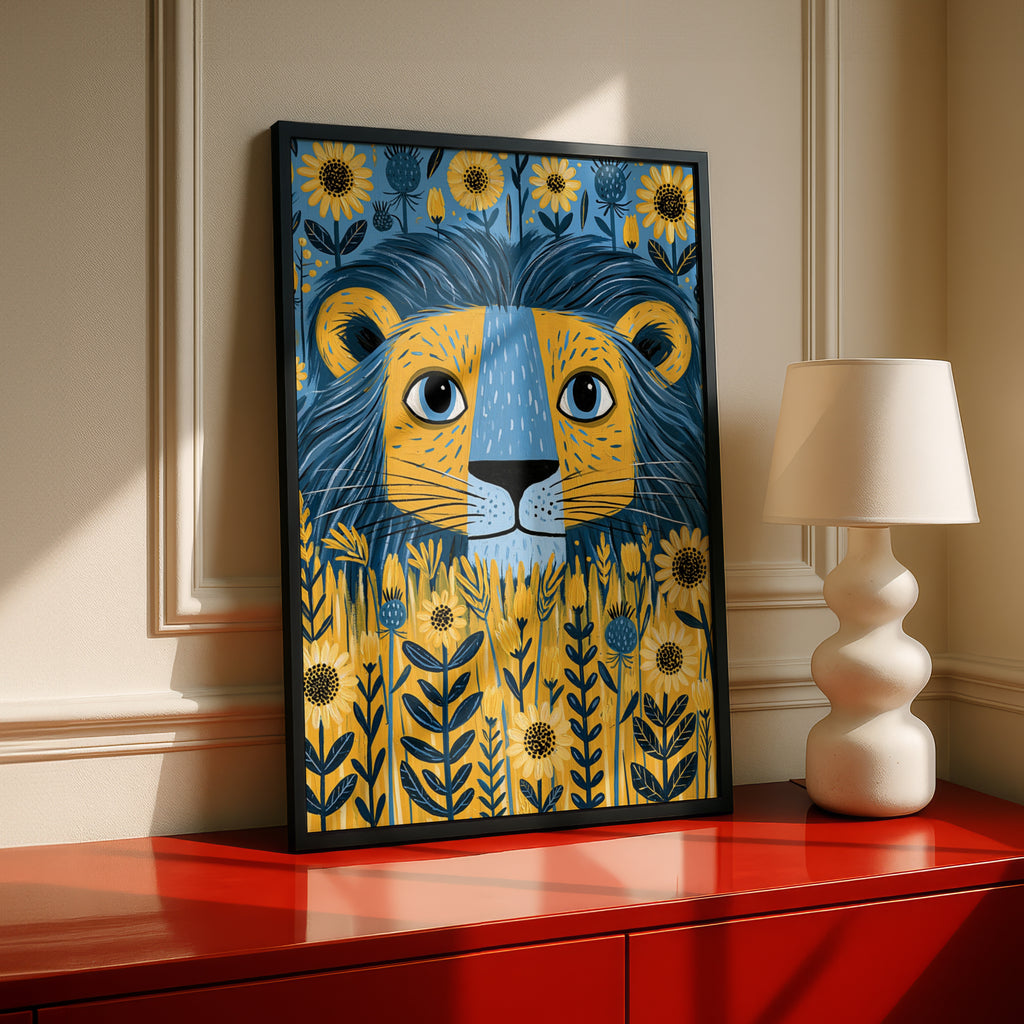 Kids Lion Poster, Floral Folk Art Print, Blue Yellow Nursery Wall Art, Children's Room Decor