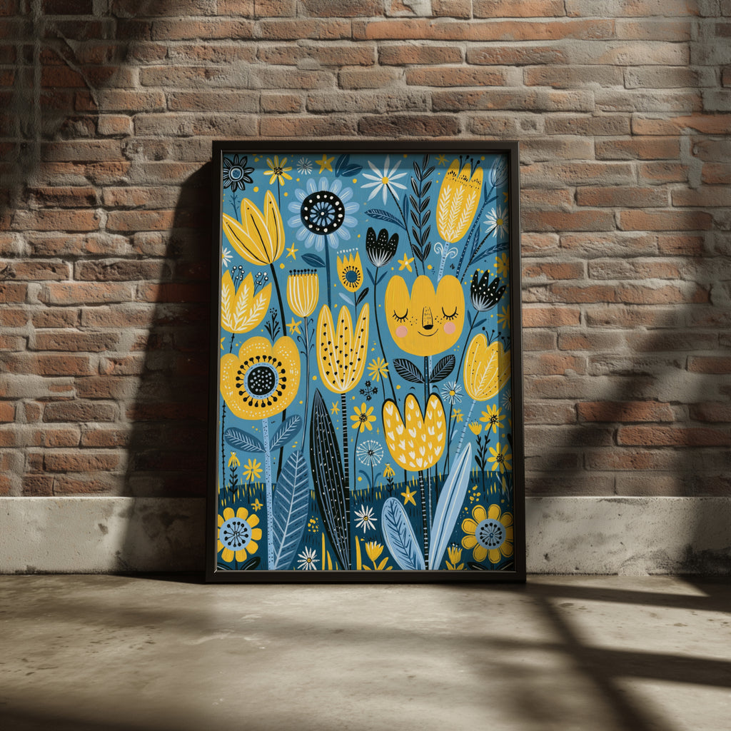 Kids Tulip Garden Poster, Cute Floral Wall Art, Yellow Blue Nursery Print, Flower
