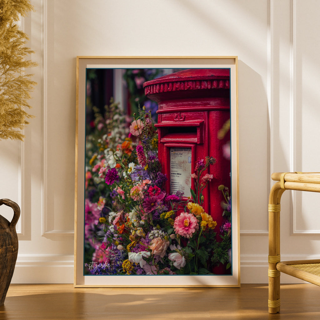 Red Post Box Floral Wall Art, British Letter Box Poster, London Flower Print