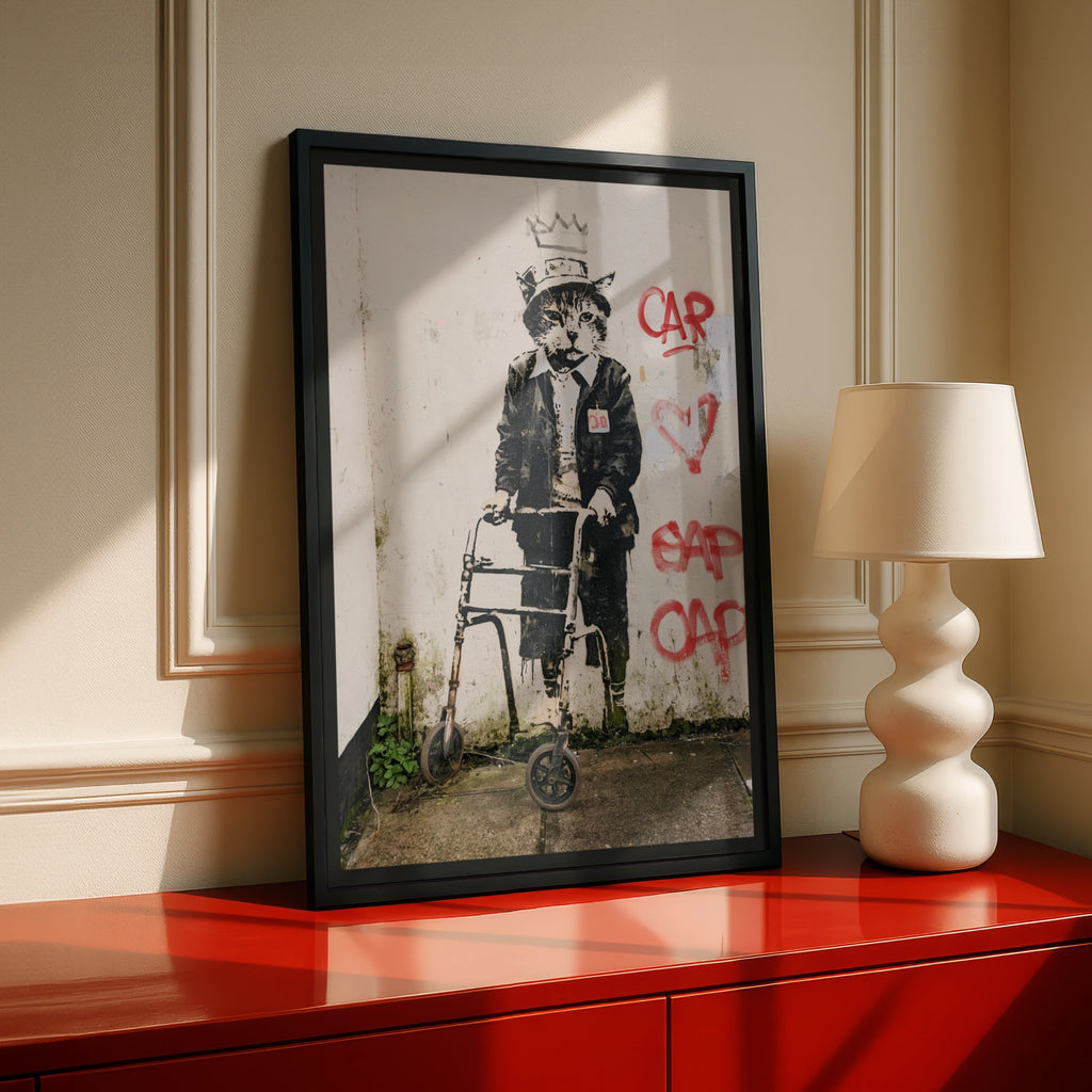 Street Art Cat Walking Frame Poster, Graffiti Wall Art, Urban Stencil Print, Funny Cat Gift