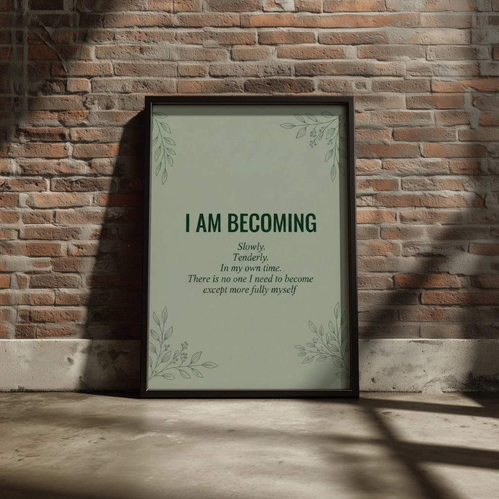 I Am Becoming Quote Print, Sage Green Botanical Wall Art, Self Growth Poster