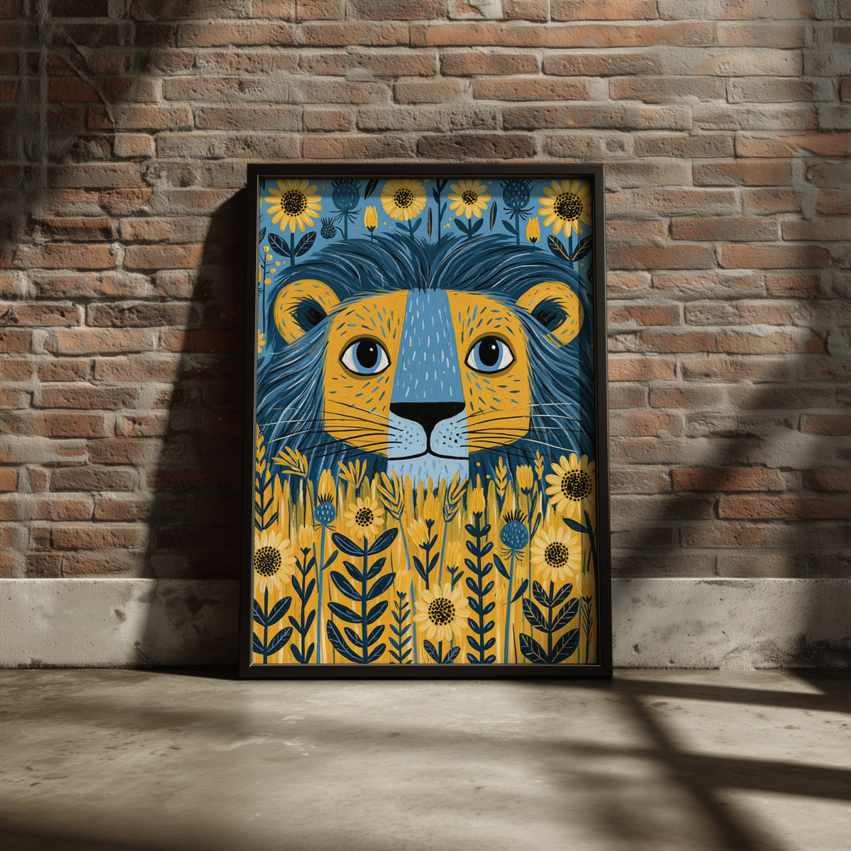 Kids Lion Poster, Floral Folk Art Print, Blue Yellow Nursery Wall Art, Children's Room Decor