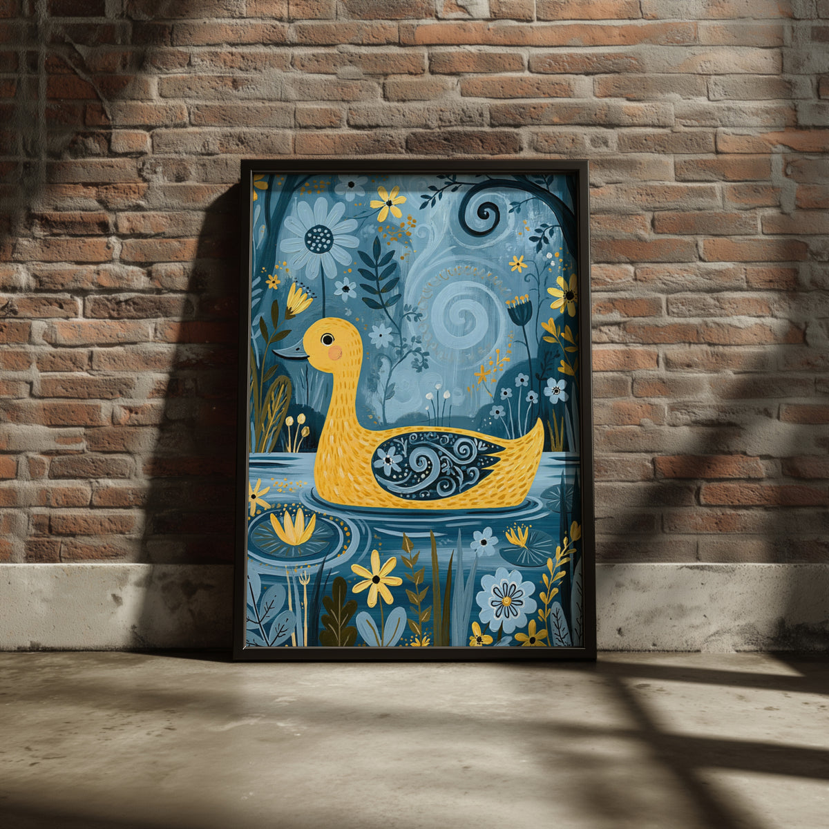 Yellow Duck Kids Wall Art, Folk Art Duck Poster, Blue Floral Nursery Print, Cute Duck