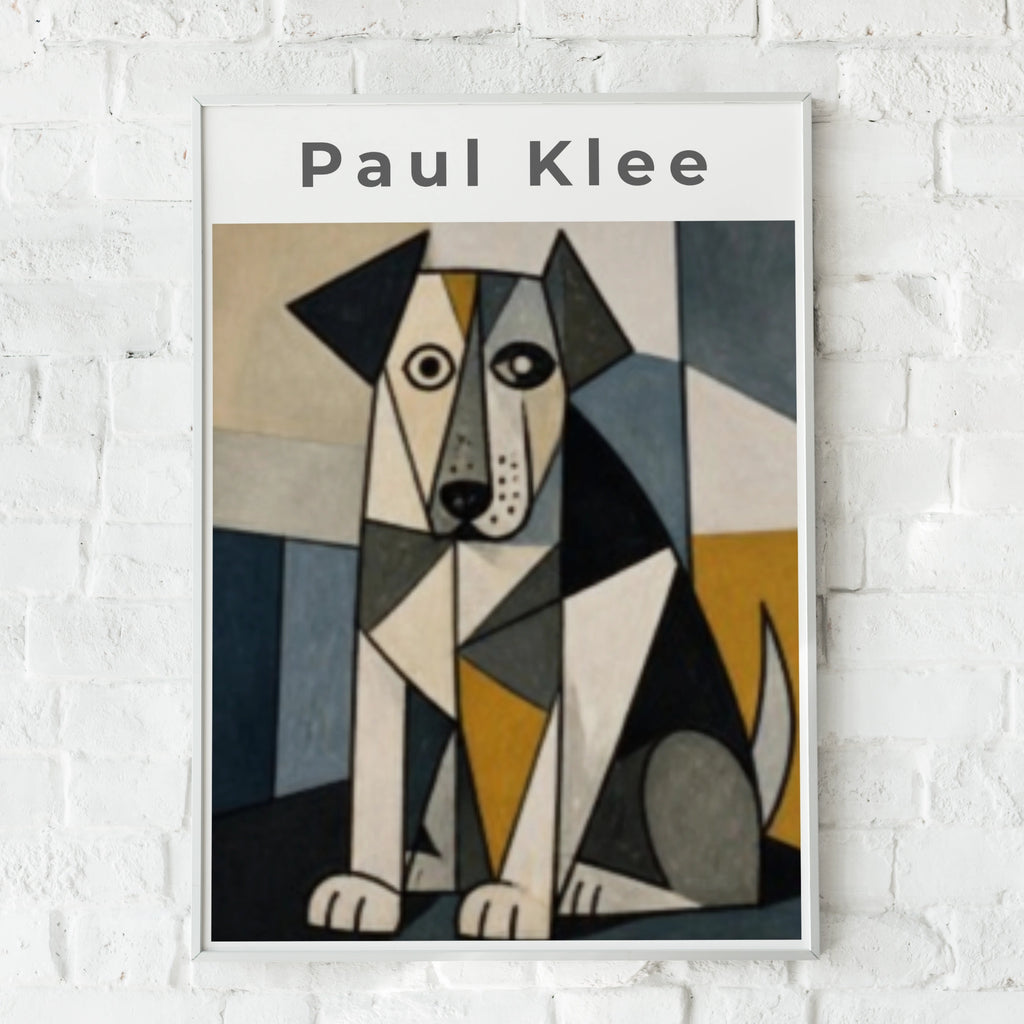 Paul Klee Cubist Dog Poster, Abstract Geometric Animal Wall Art, Blue Mustard Print
