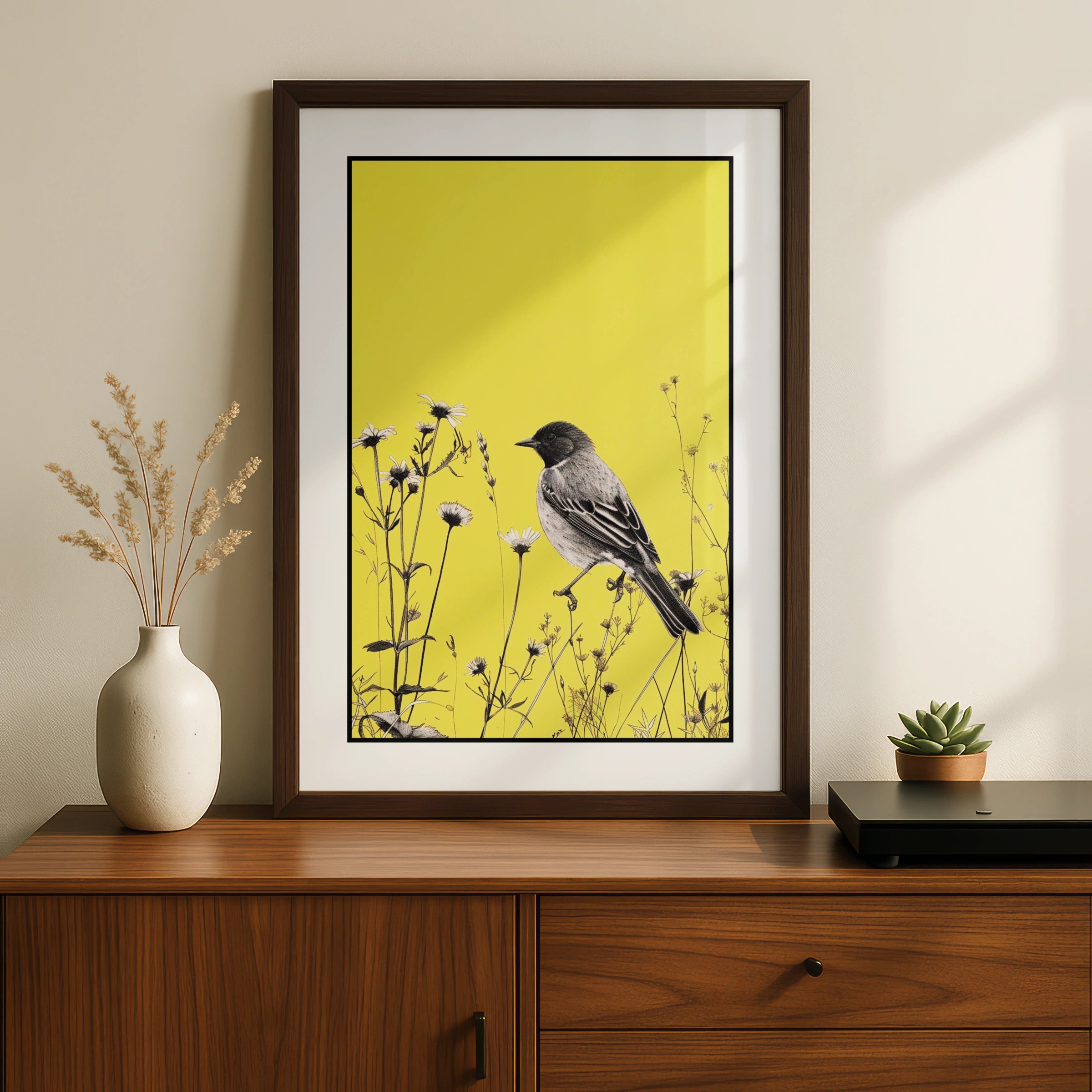 Botanical Wall Art | Yellow Bird Wall Art Poster,  Wildflower Nature Decor