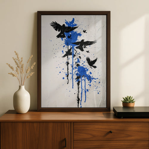 Banksy Style Graffiti Wall Art | Freedom Birds Wall Art, Black Crow Silhouette Blue Paint Splatter Street Art Poster