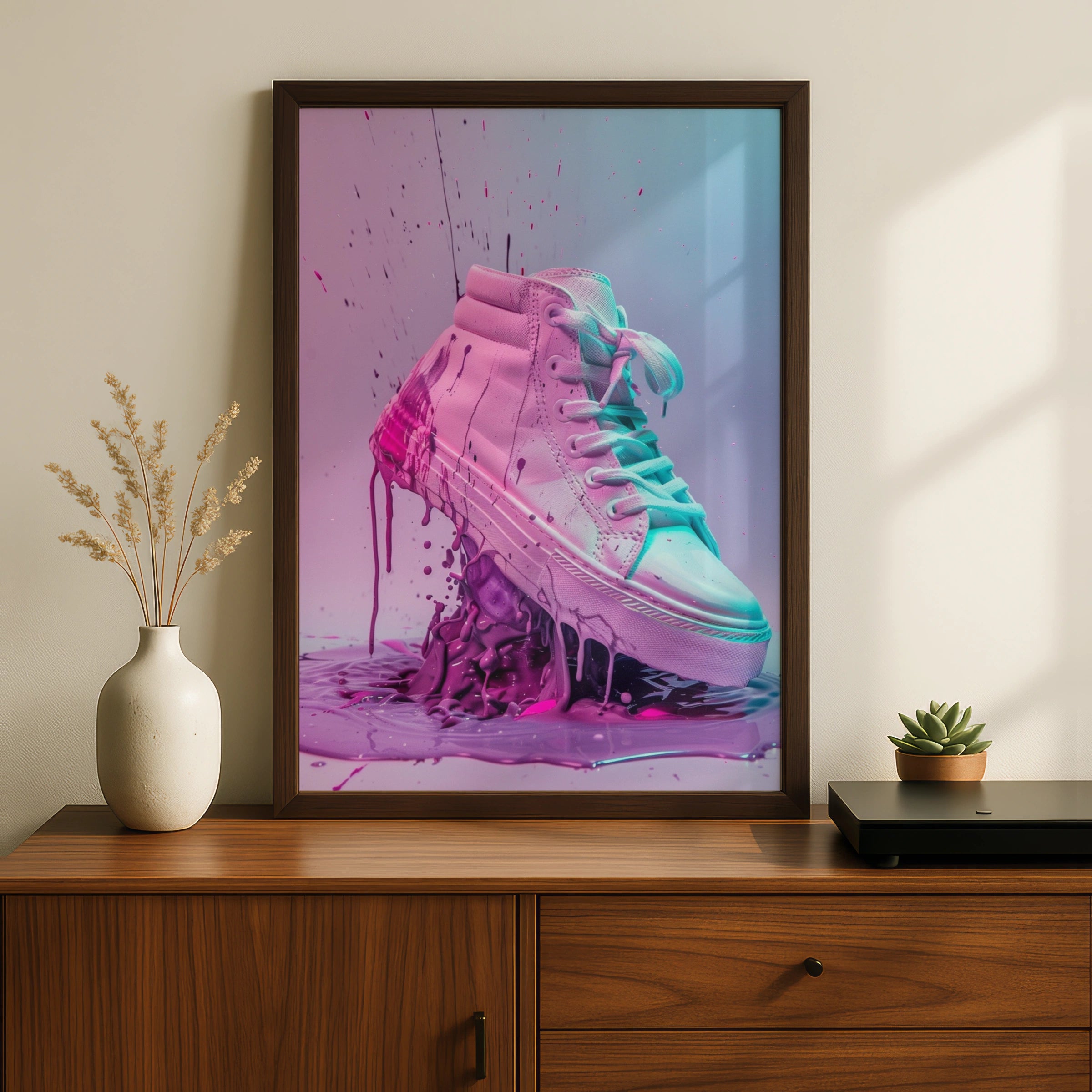 Pastel Sneaker Art Print, Pink Trainers Paint Splash Poster, Streetwear Wall Decor