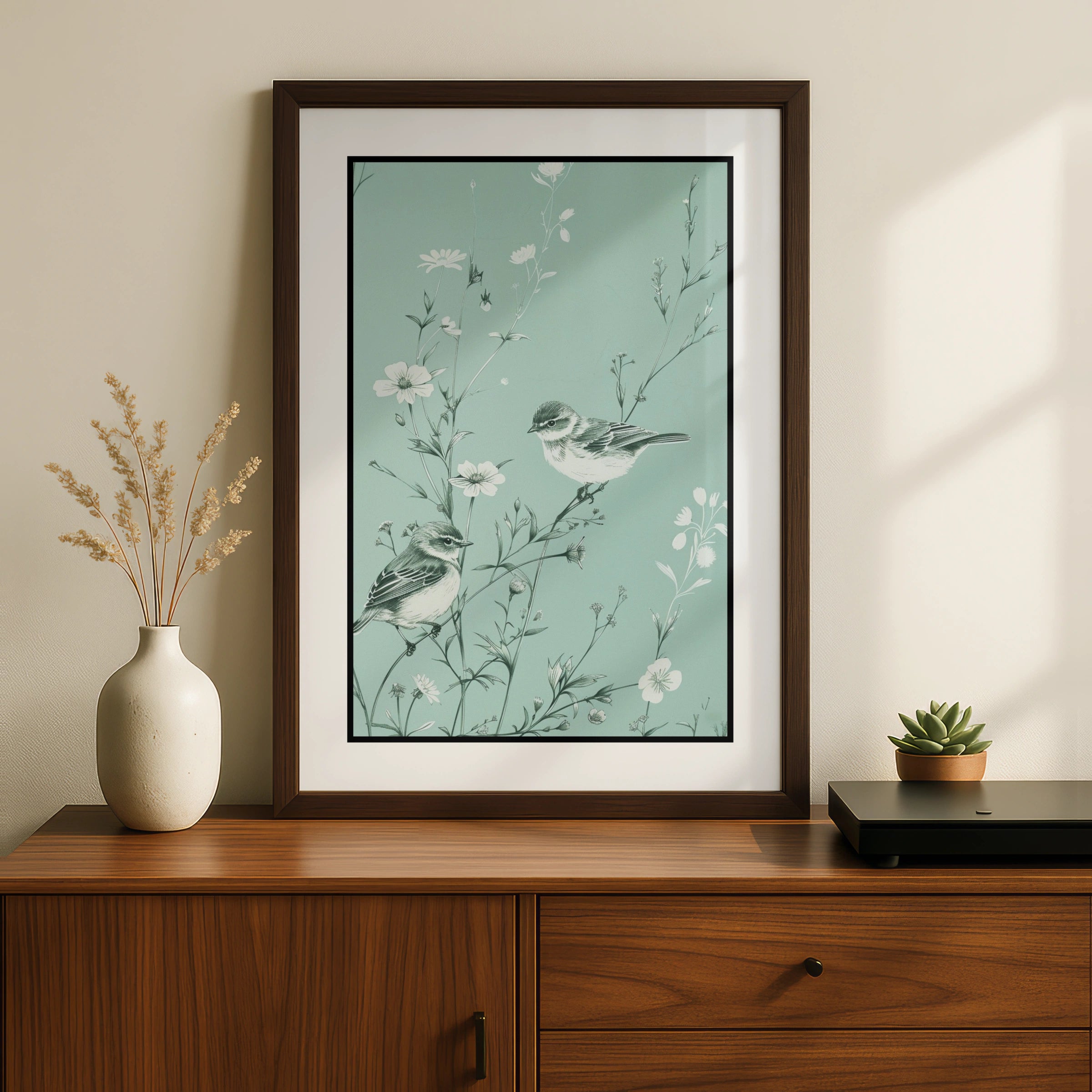 Botanical Wall Art | Teal Bird Poster, Wildflower Wall Art, Vintage Sparrow Print, Floral Nature Decor