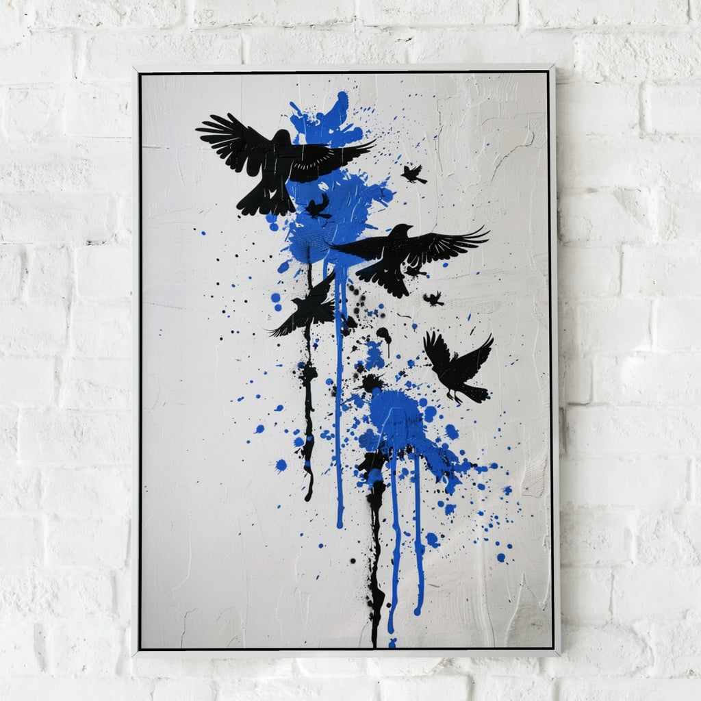 Banksy Style Graffiti Wall Art | Freedom Birds Wall Art, Black Crow Silhouette Blue Paint Splatter Street Art Poster