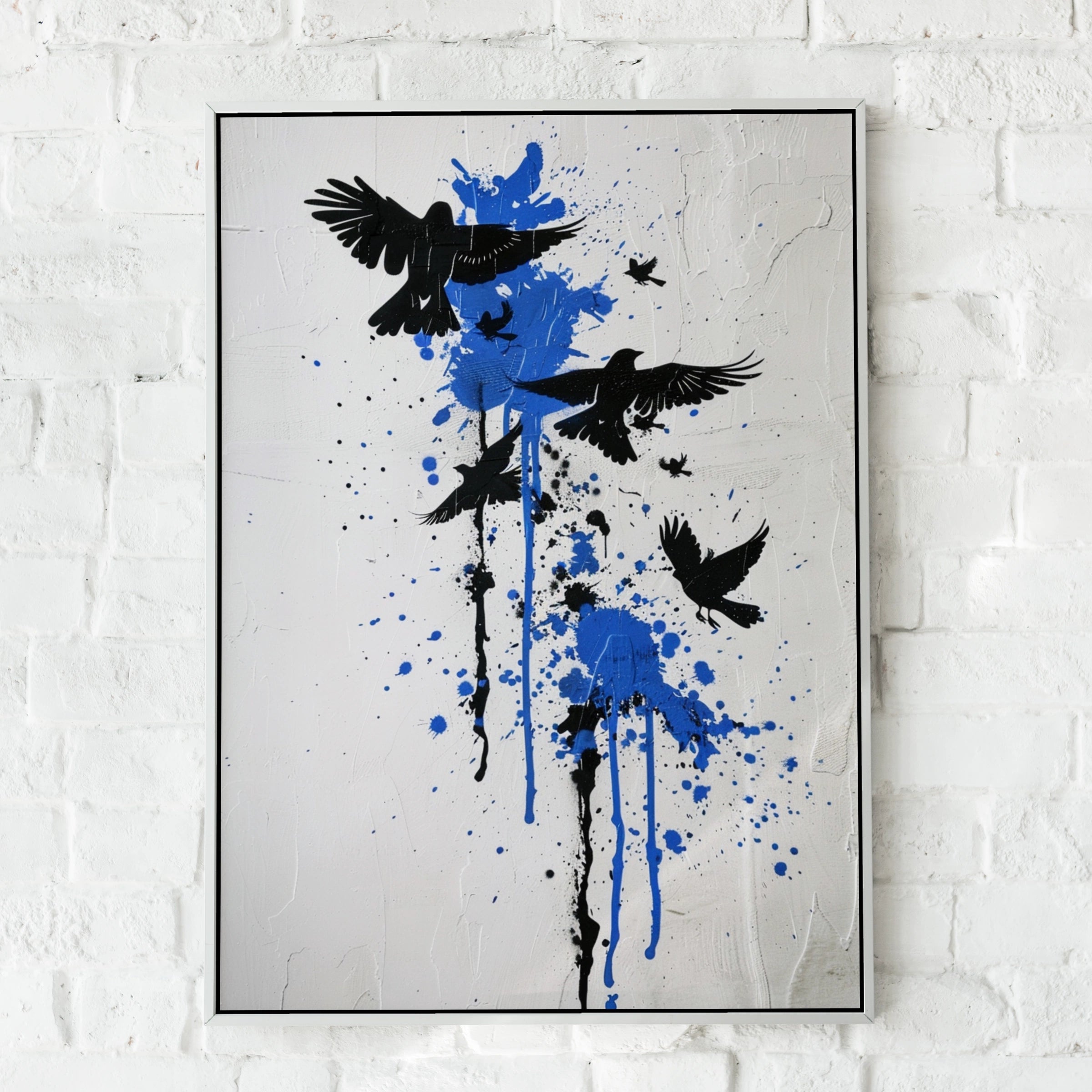 Banksy Style Graffiti Wall Art | Freedom Birds Wall Art, Black Crow Silhouette Blue Paint Splatter Street Art Poster