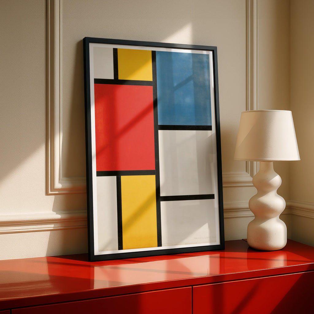 Mondrian Style Abstract Poster, Red Blue Yellow Geometric Wall Art Print, De Stijl