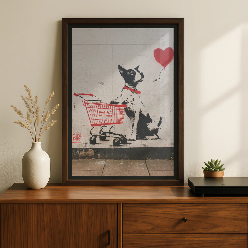 Dog Heart Balloon Street Art Poster, Graffiti Wall Art, Urban Stencil Print, Black Red