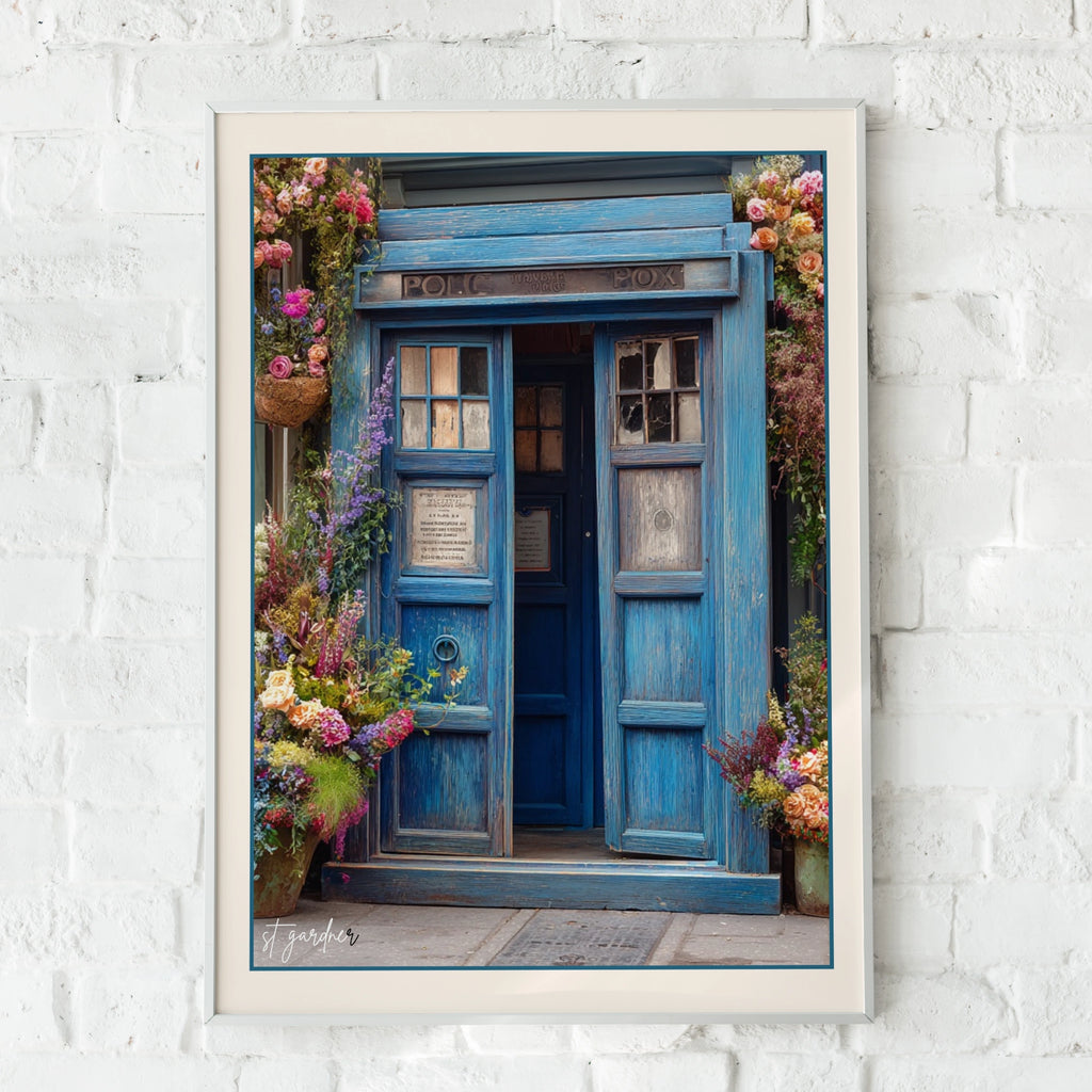 Police Box Floral Poster, Blue TARDIS Wall Art, Sci-Fi Vintage Flower Print, UK