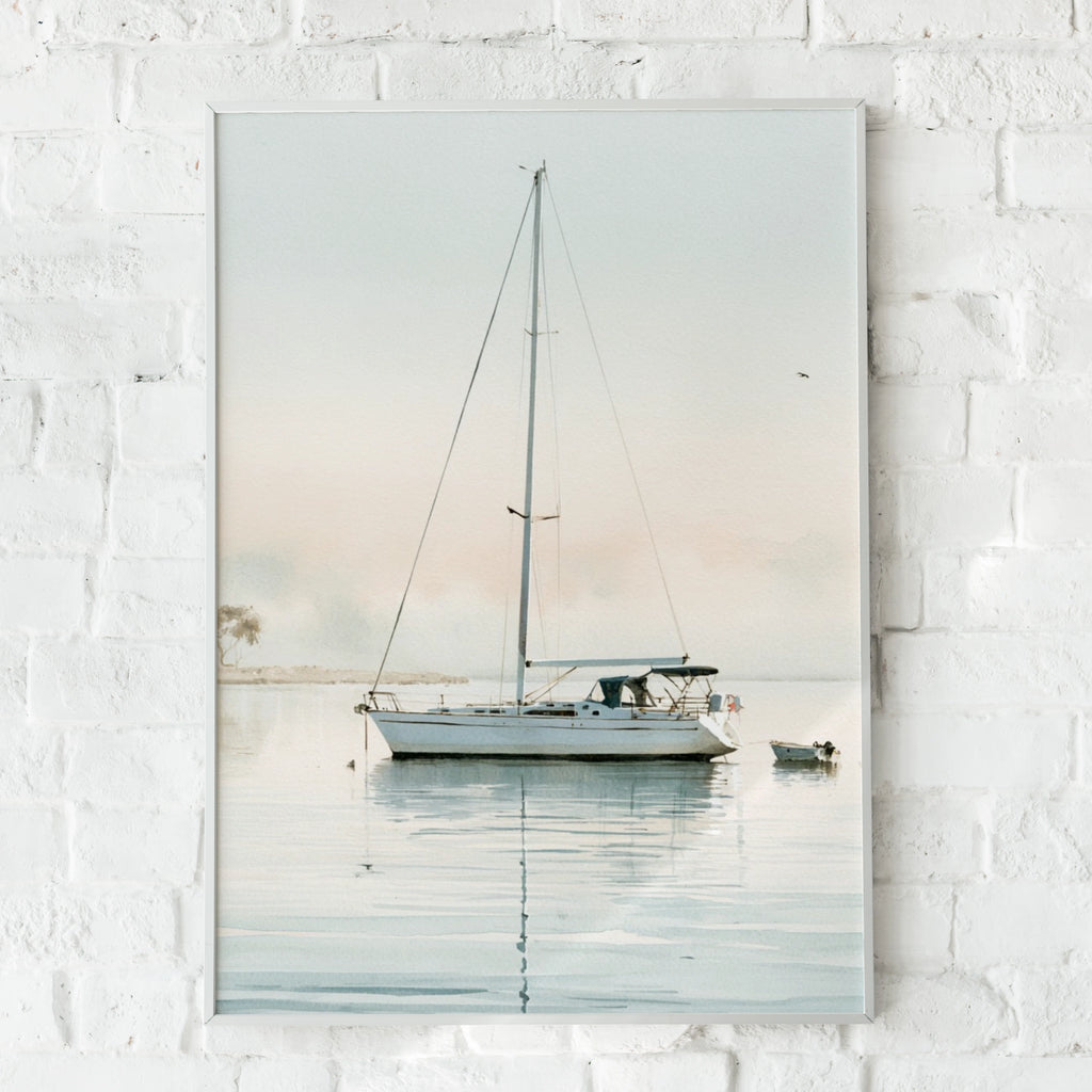 Watercolour Sailboat Print, Calm Sea Wall Art, Nautical Poster, Coastal Home Decor Gift