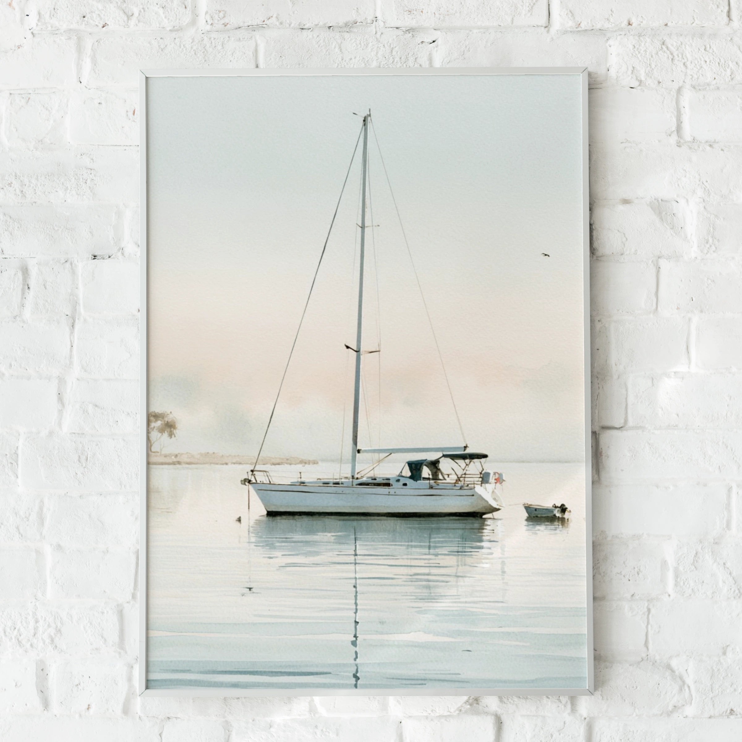 Watercolour Sailboat Print, Calm Sea Wall Art, Nautical Poster, Coastal Home Decor Gift