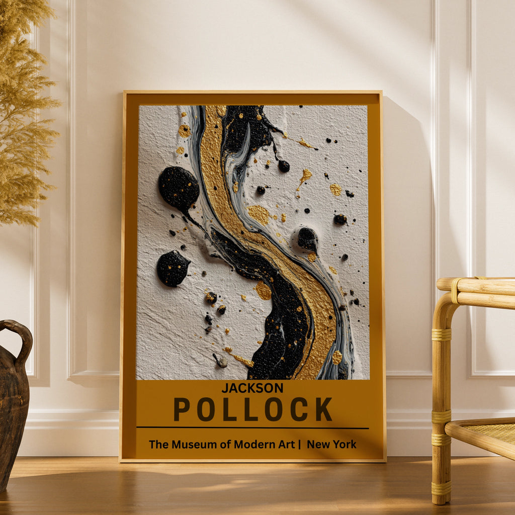 Jackson Pollock Abstract Art Poster, Black Gold Drip Print, MoMA Wall Art