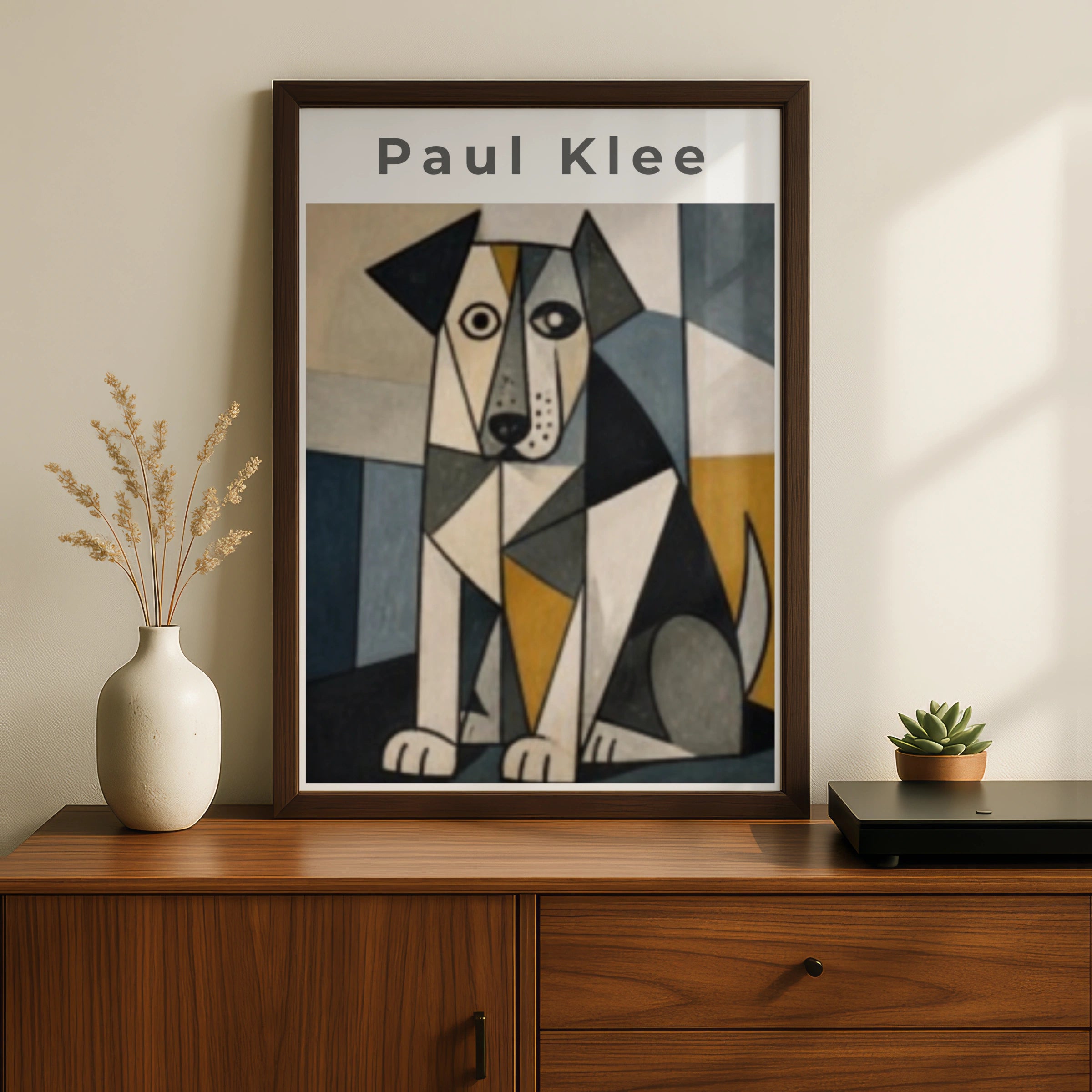 Paul Klee Cubist Dog Poster, Abstract Geometric Animal Wall Art, Blue Mustard Print