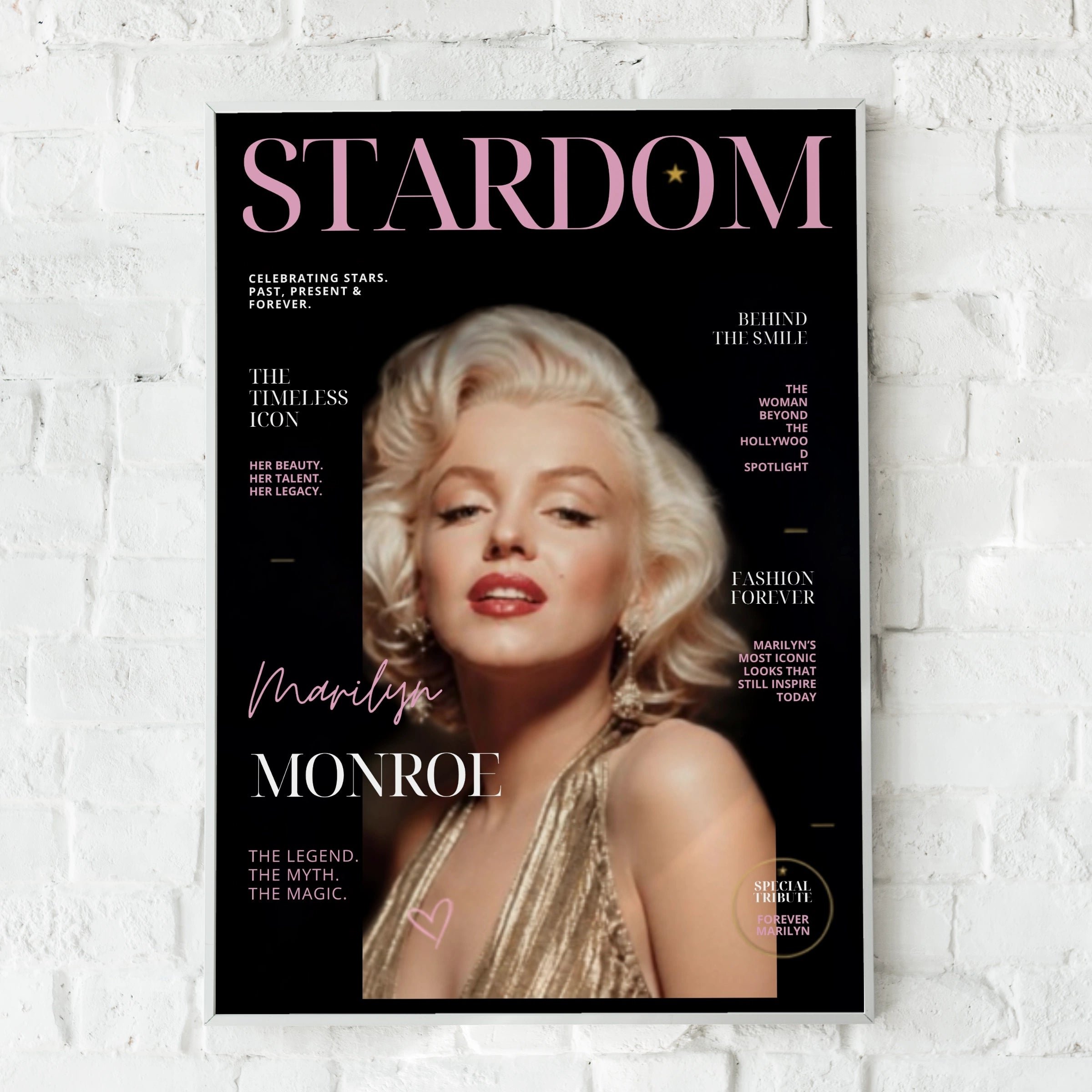 Marilyn Monroe Magazine Cover Poster, Hollywood Icon Wall Art, Black Pink Print