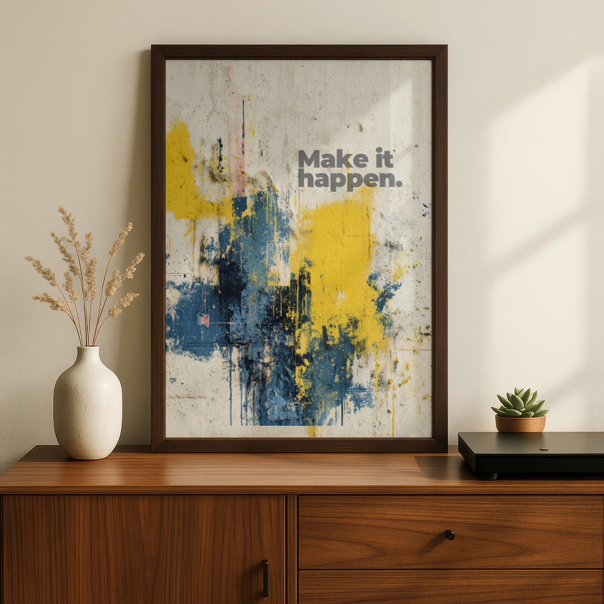 Make It Happen Quote Poster, Motivational Wall Art, Abstract Paint Splatter Print, Bold Typography