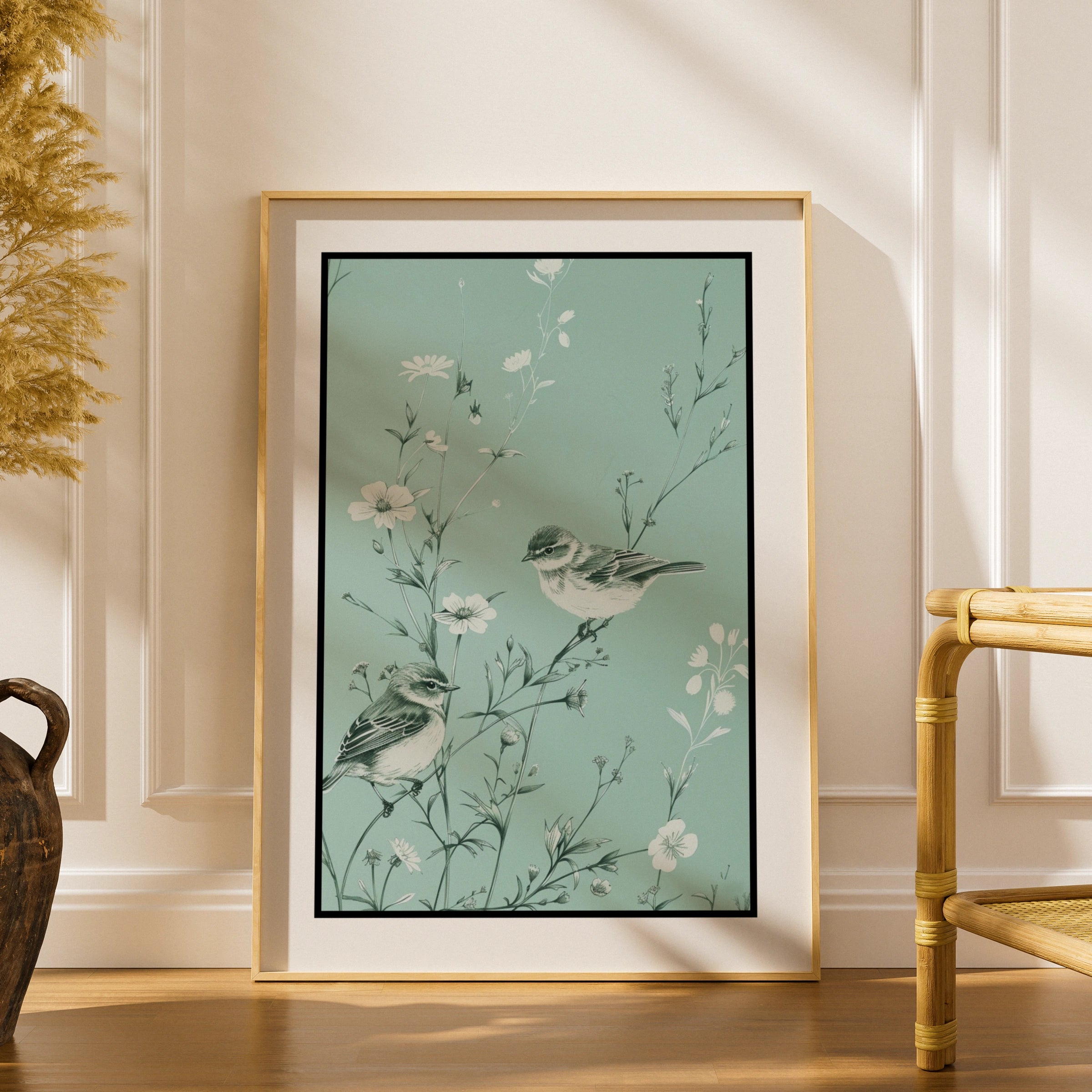 Botanical Wall Art | Teal Bird Poster, Wildflower Wall Art, Vintage Sparrow Print, Floral Nature Decor