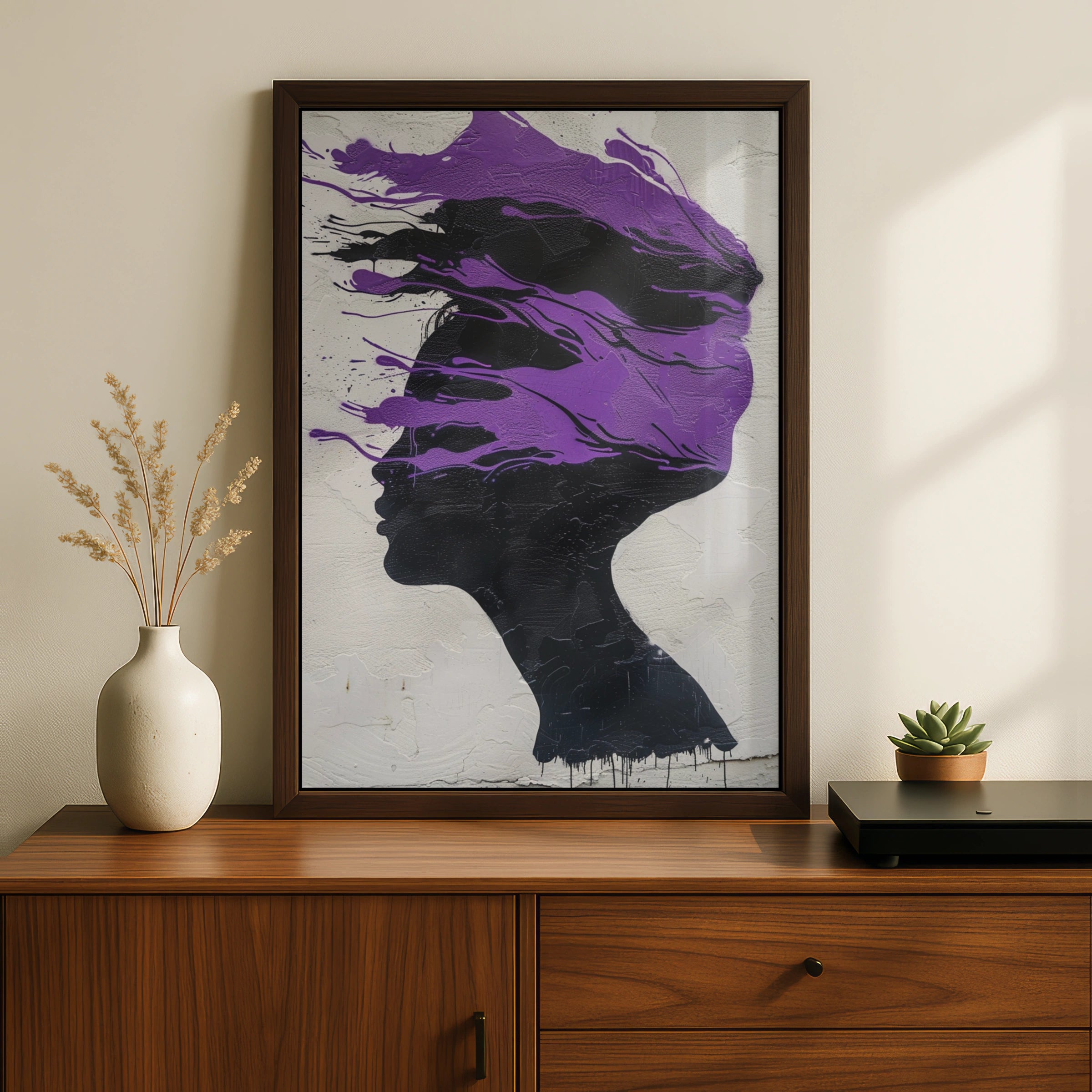 Banksy Style | Purple Black Woman Silhouette Poster, Abstract Female Face Wall Art Print